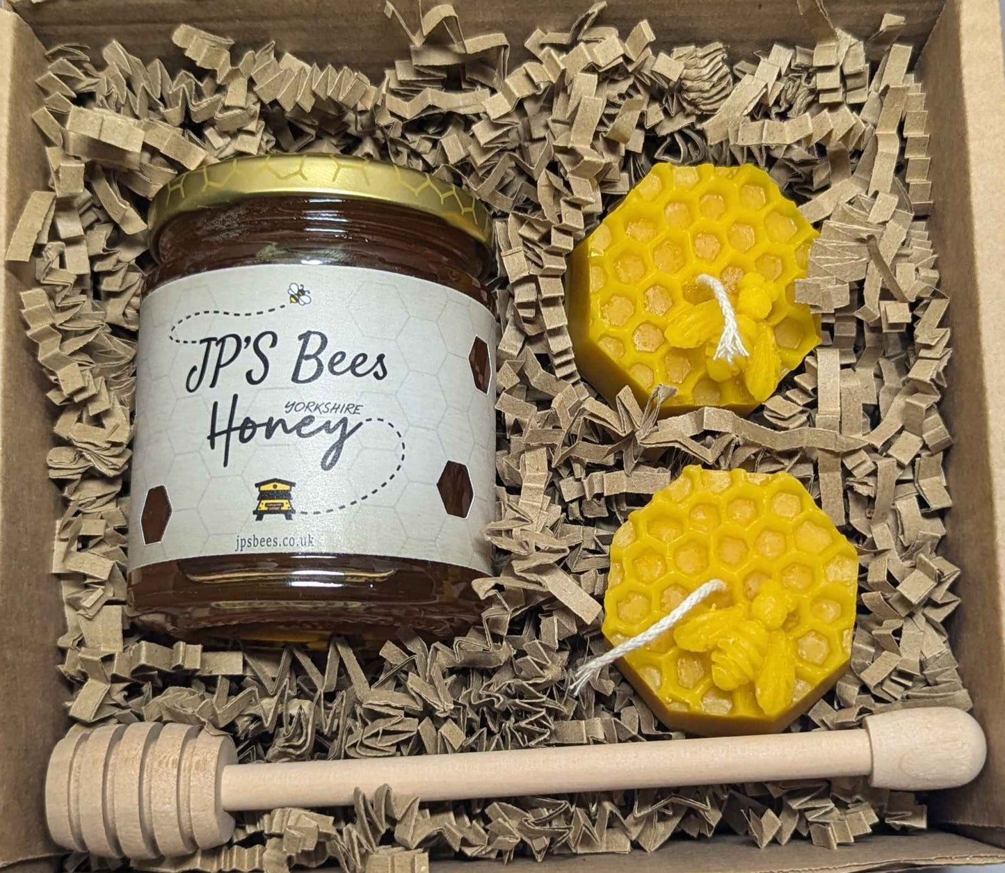 Yorkshire Wildflower Honey & Beeswax Candle Hamper Gift Set Box - Honeycomb Tealight with Honeybees
