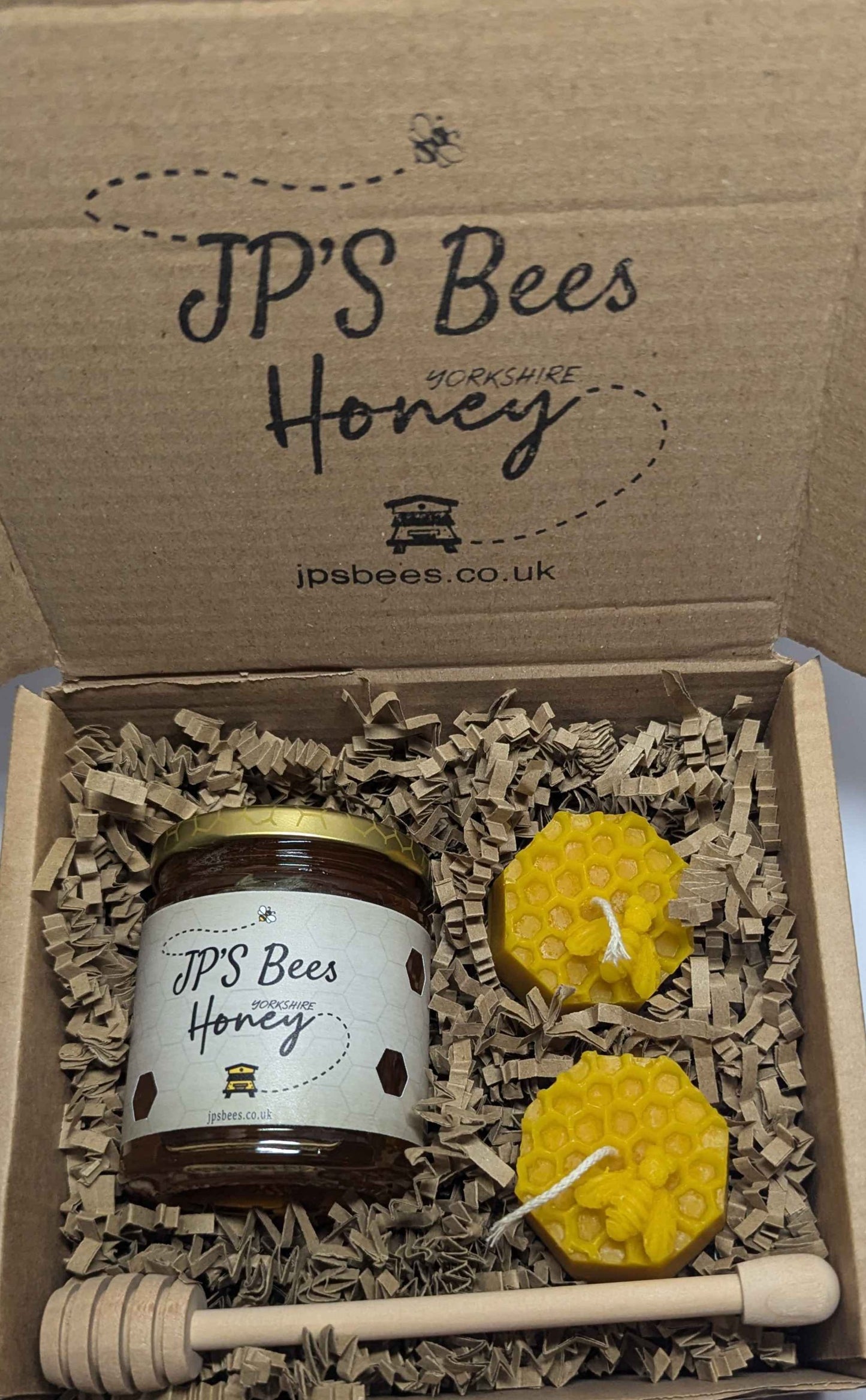 Yorkshire Wildflower Honey & Beeswax Candle Hamper Gift Set Box - Honeycomb Tealight with Honeybees